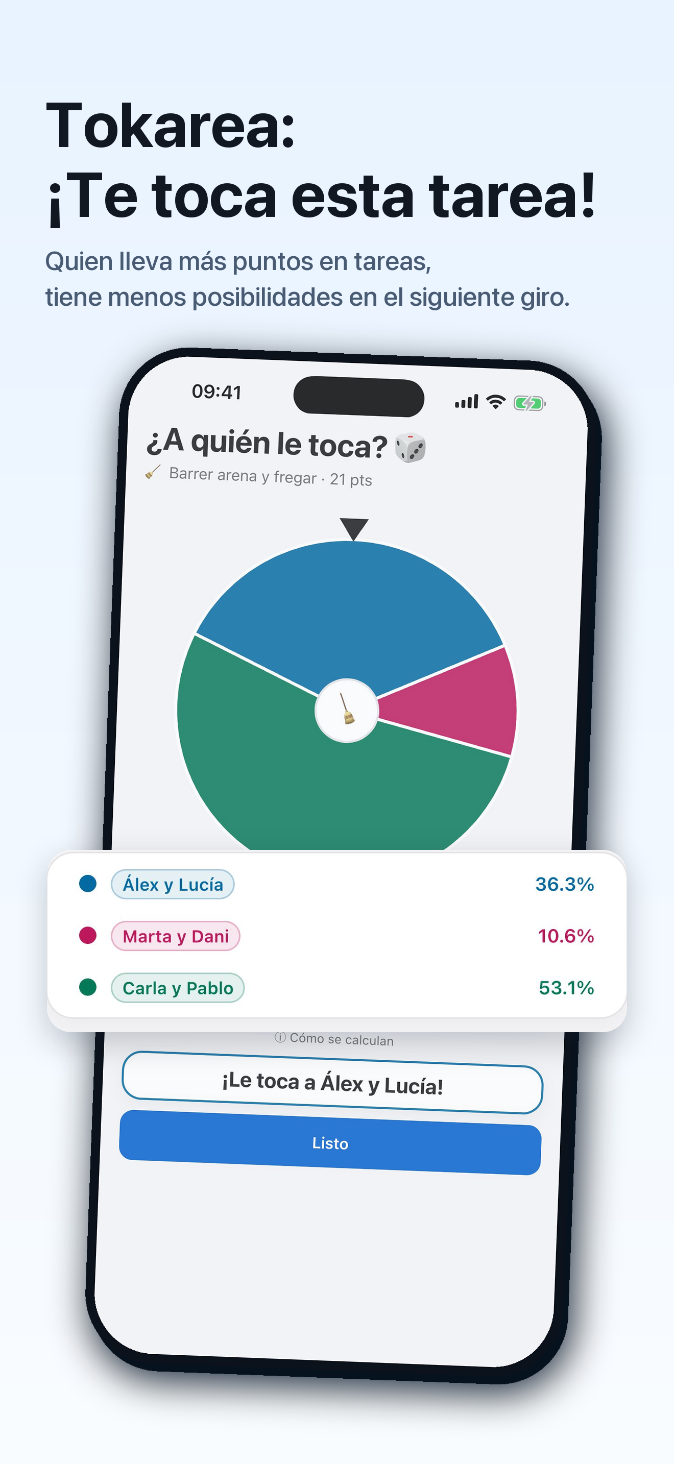 Reparto de tareas de Tokarea con una ruleta compartida entre equipos