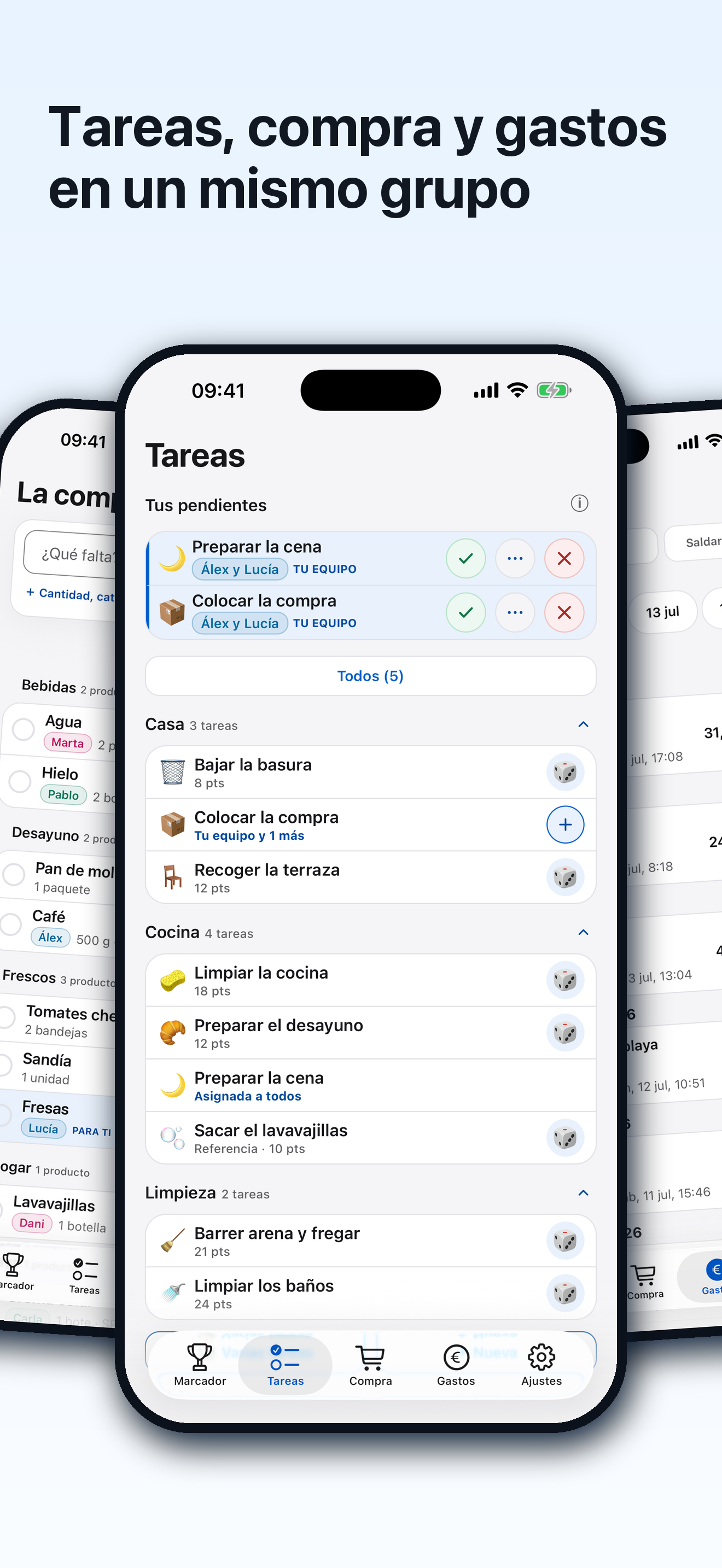 Vista de tareas, compra y gastos reunidos en Tokarea