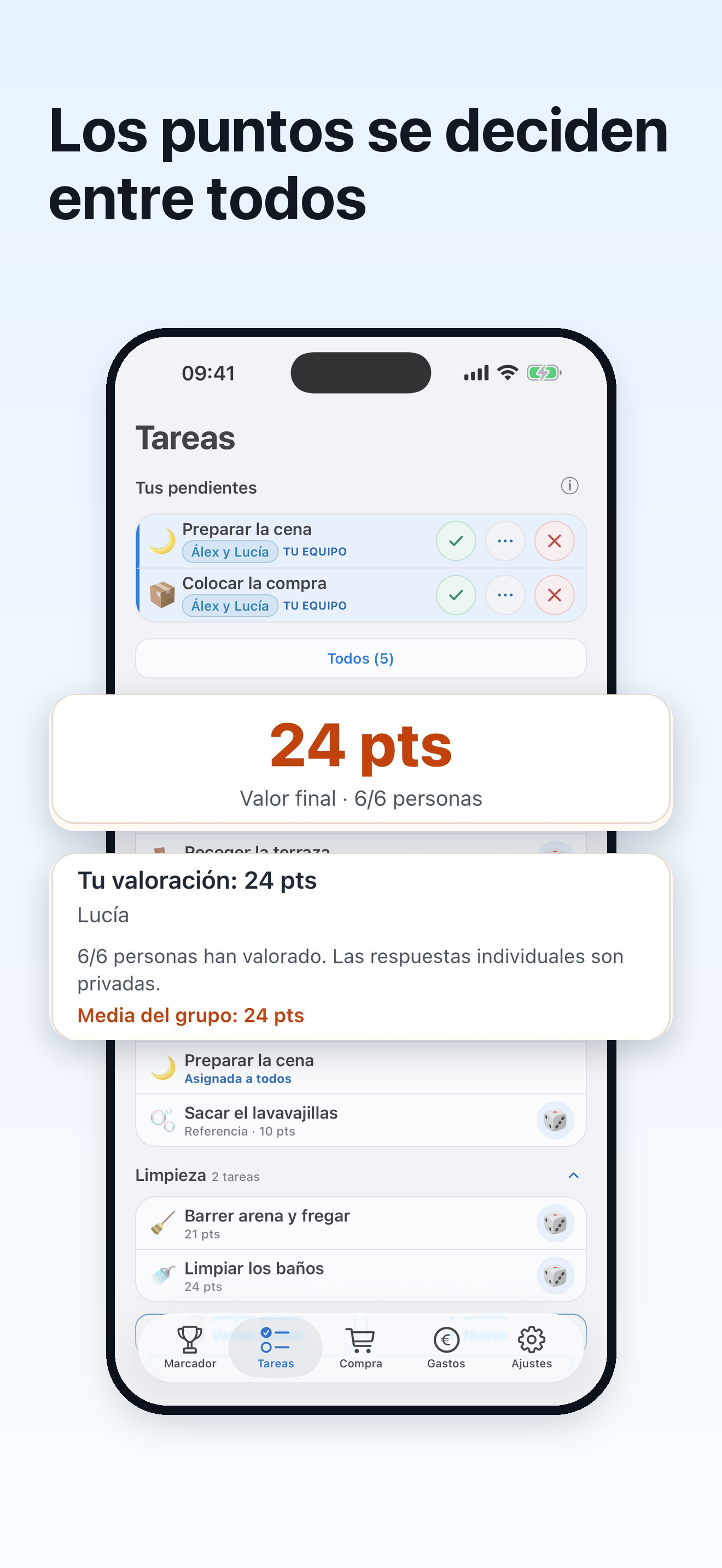 Valoración conjunta de los puntos de las tareas en Tokarea