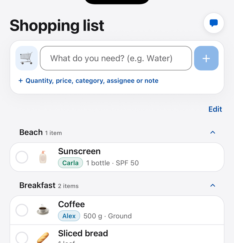 Shared Tokarea shopping list with an assignee for each item